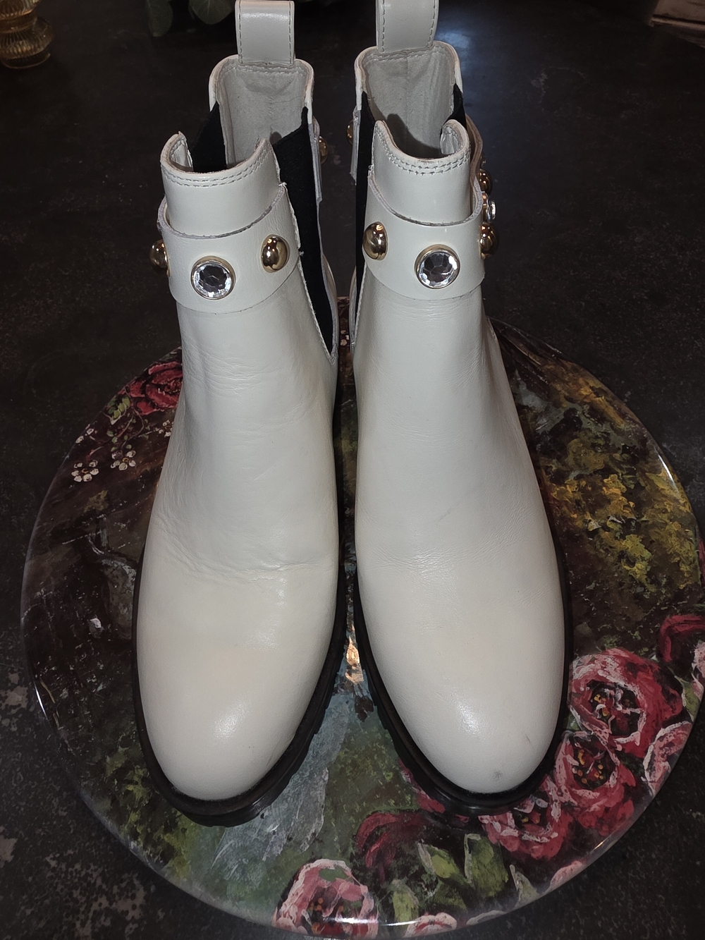 Karl Lagerfeld White Chelsea Ankle Boots with Gold & Crystal Accents